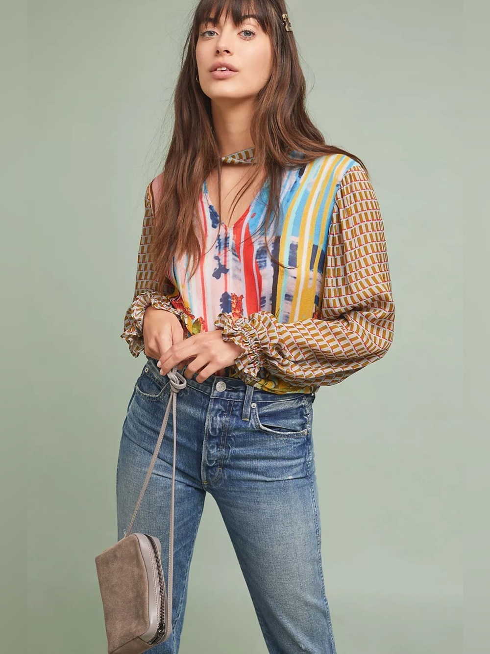 Anthropologie Conditions Apply Retro Peasant Blouse XS Mixed Media Viscose Artsy